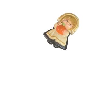 Hallmark Brooch Thanksgiving Pilgrim Girl Holding Pumpkin 1983 Vintage Pin